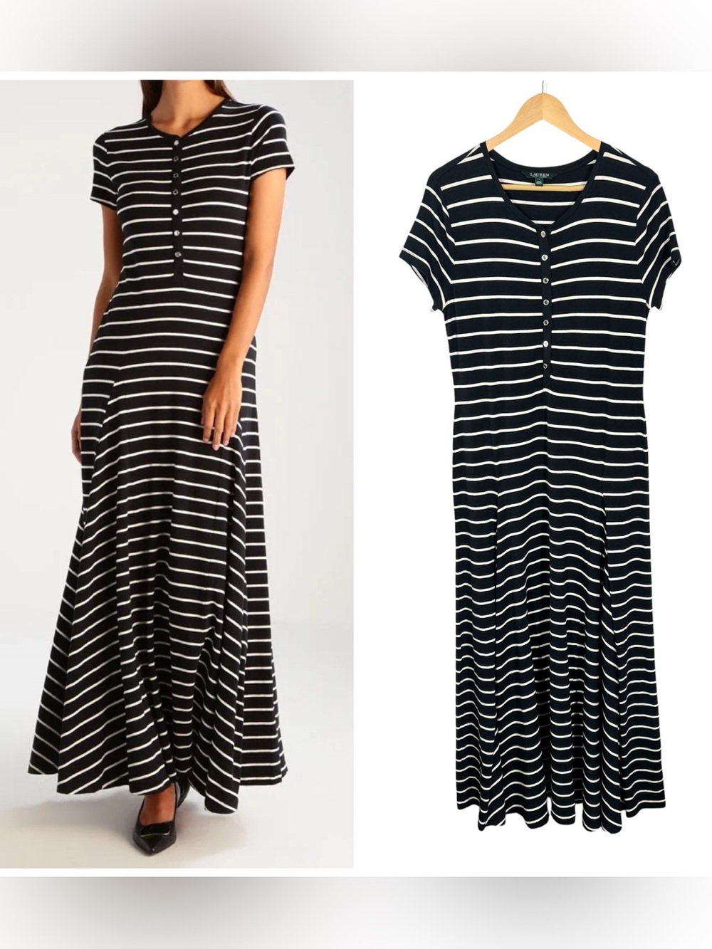 Lauren Ralph Lauren Henley stripe cotton modal Maxi Dress black white Size L
